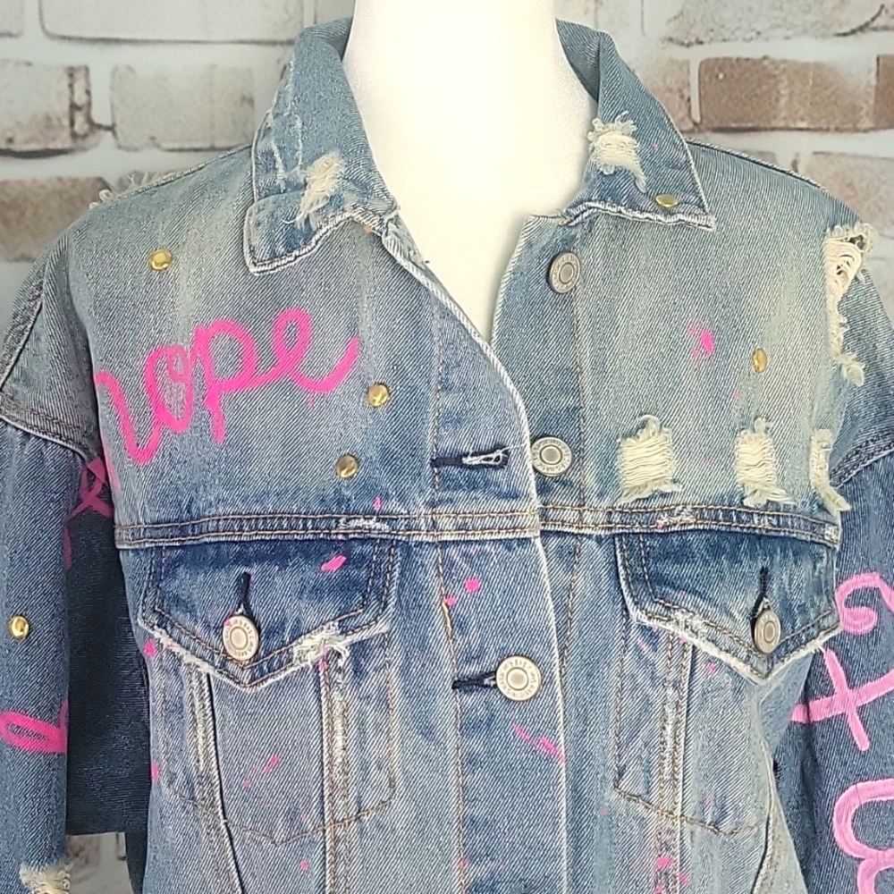 Custom Upcycled Pink Ribbon Jean Jacket S/M Breast Cancer 🎀 - Picture 7 of 12